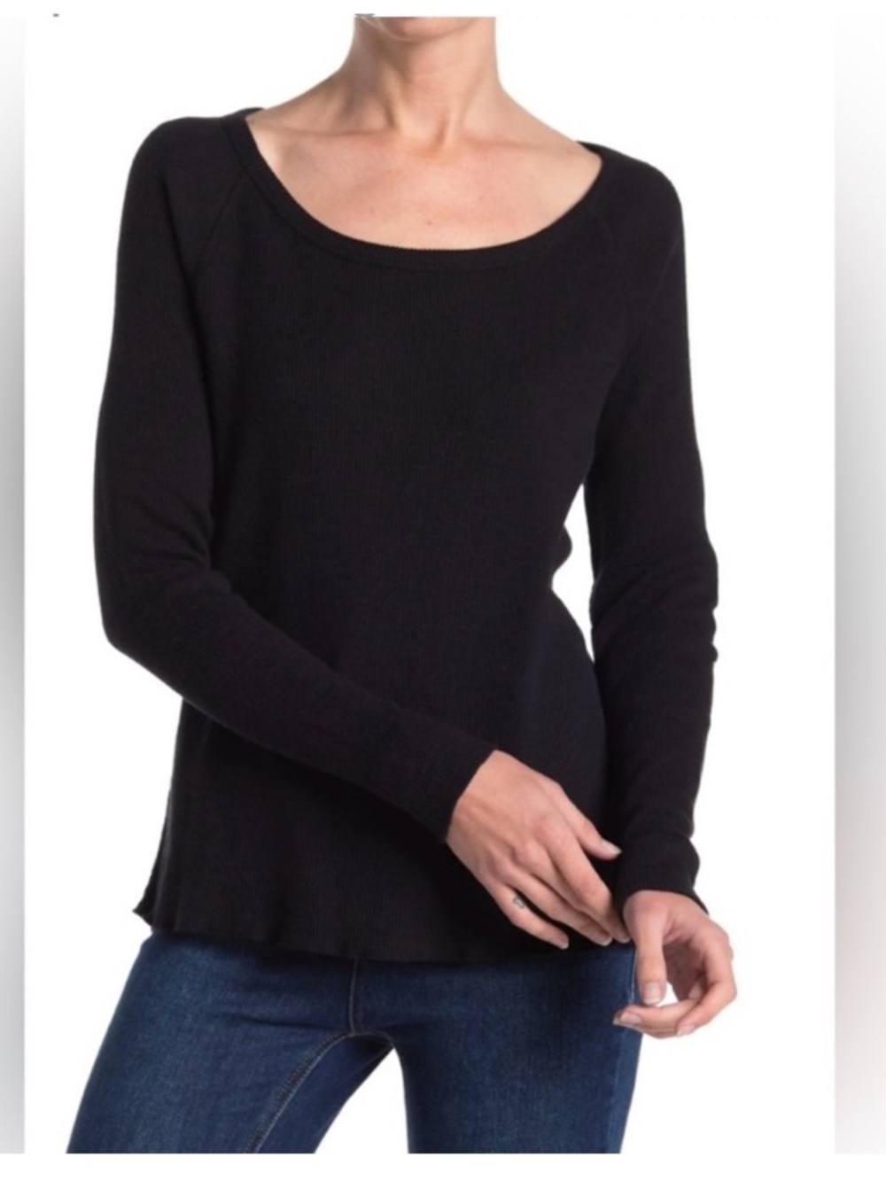 James Perse Black Long Sleeve Thermal Tee Shirt Waffle Knit Top Raglan Ribbed